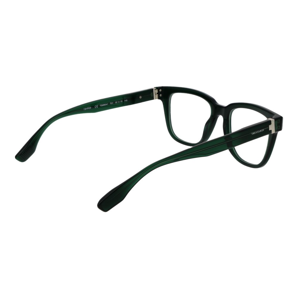 Trussardi Green Acetate Glasses (Frames) in full-rim rectangular style with green acetate material, 52-19-145 size, demo lenses, spring hinge.