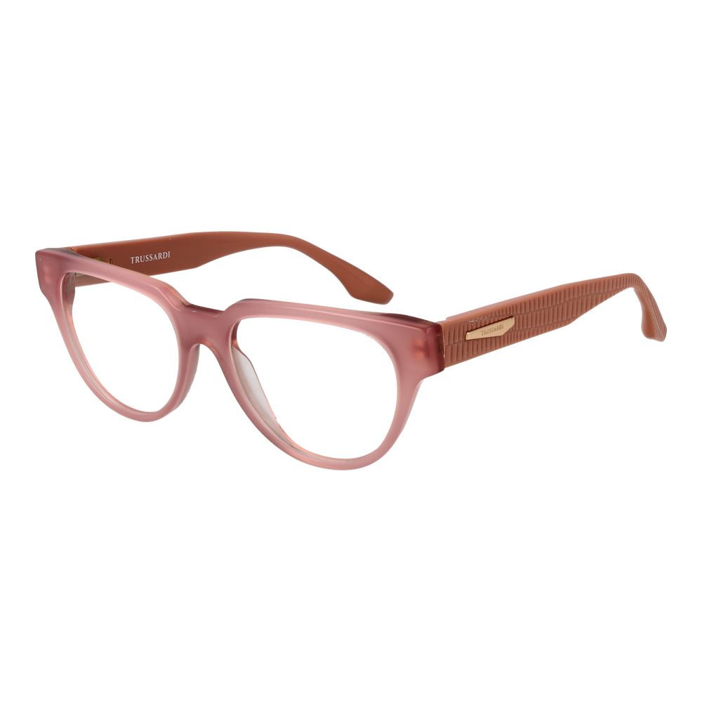 Trussardi Pink Acetate Glasses (Frames) for women, rose full-rim style, featuring demo plastic lenses, spring hinge, size 53-17-145.