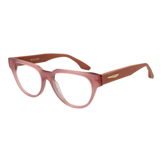 Trussardi Pink Acetate Glasses (Frames) for women, rose full-rim style, featuring demo plastic lenses, spring hinge, size 53-17-145.