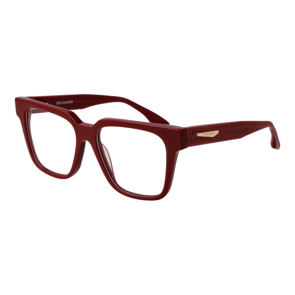 Trussardi Red Acetate Glasses (Frames) for women with full-rim design, red acetate frame, demo plastic lenses, and square style.