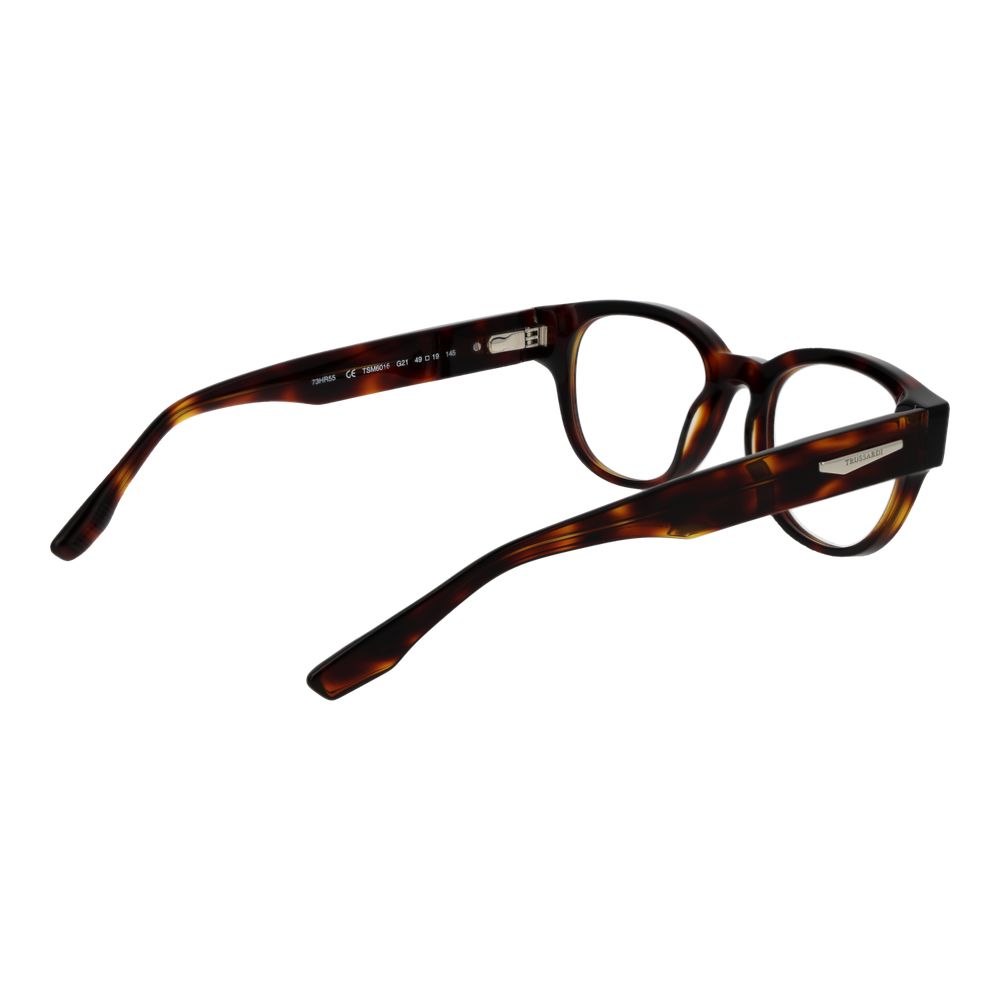 Trussardi Brown Acetate Glasses (Frames) with full-rim panto style showing side view and branded case, for men.
