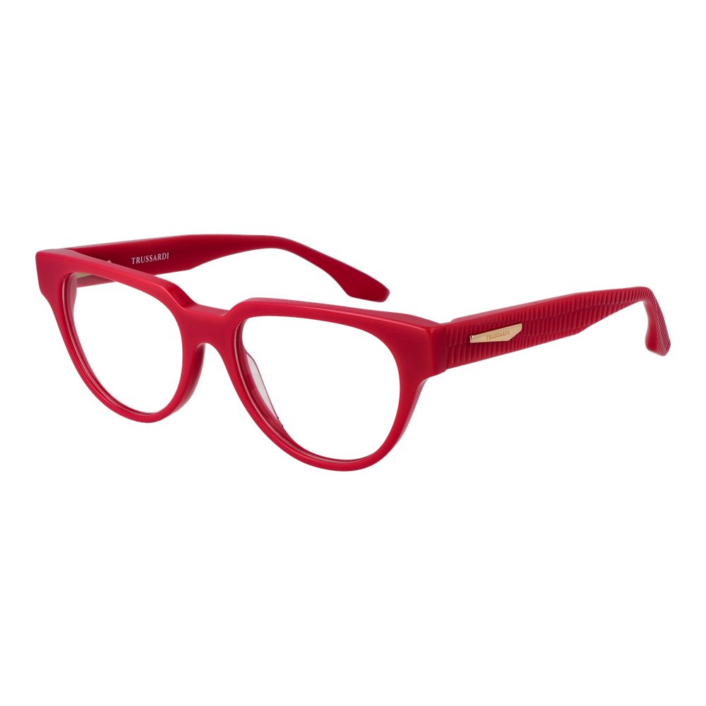 Trussardi Red Acetate Glasses (Frames) for women, full-rim style with demo lenses, spring hinge, and branded case included.
