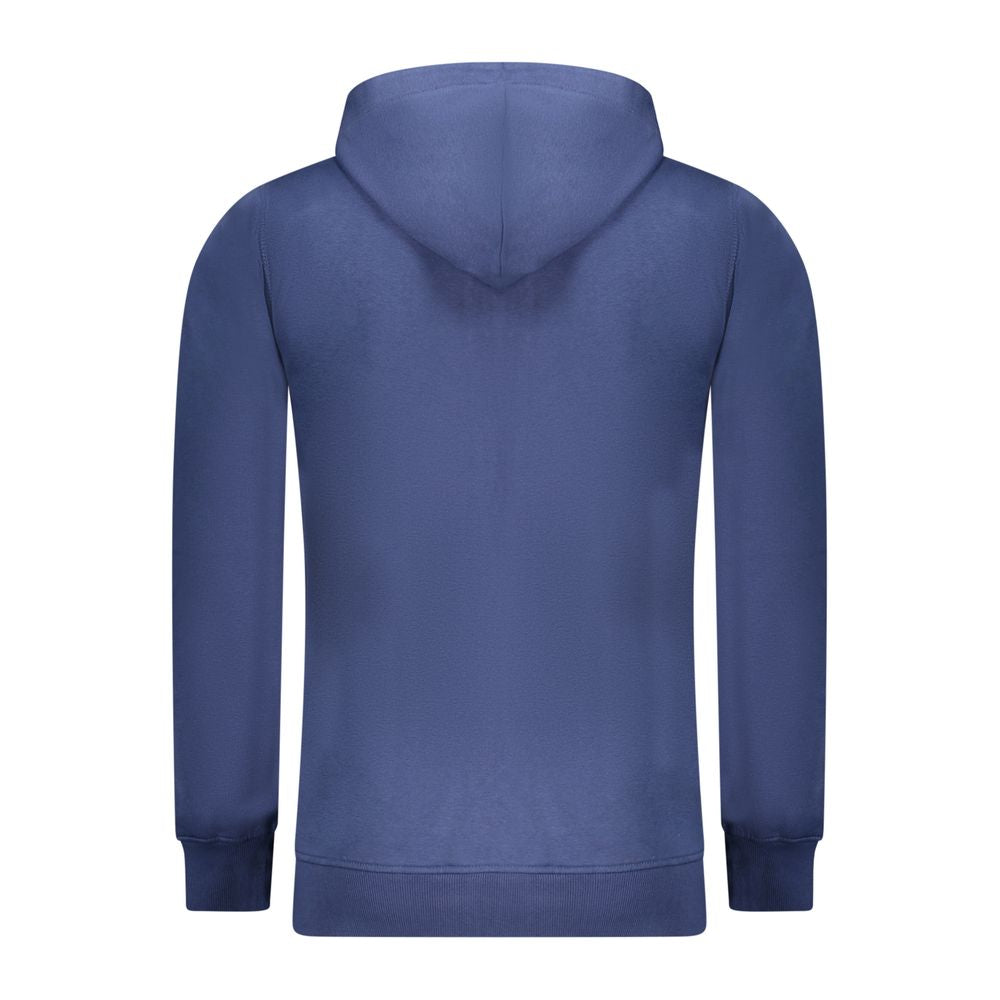 Back view of Rifle Blue Cotton Men Sweater featuring cozy hood, long sleeves, and sophisticated embossed print.