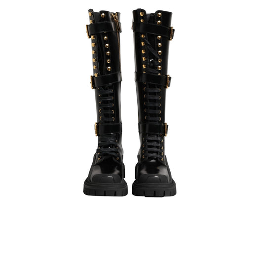 Dolce & Gabbana Black Buckle Embellished Knee High Boots Shoes