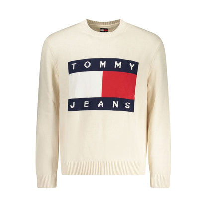 Tommy Hilfiger Beige Cotton Men Sweater with embroidered logo, classic crew neck, and stylish design.