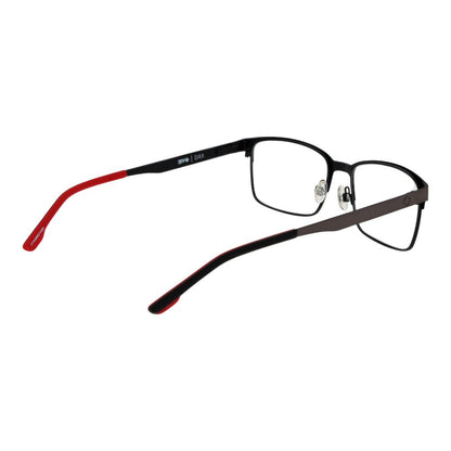 Spy Black Plastic Glasses (Frames) with red accents, full-rim rectangle style, unisex with spring hinge, includes branded pouch.