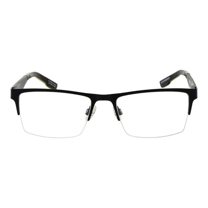 Spy Black Plastic Glasses Frames, half-rim, rectangle style, men's black plastic frames, 54mm lenses, demo lenses included, spring hinge, no extra lenses.