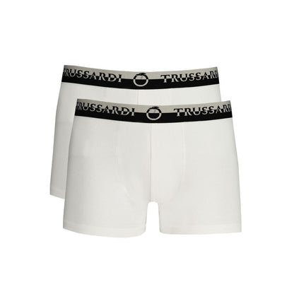 Trussardi White Cotton Underwear bi-pack with elastic waist, logo print, and double elastic boxer parts for comfort and style.