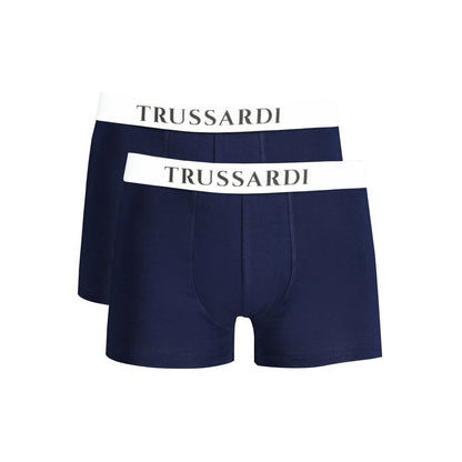 Trussardi Blue Cotton Underwear bi-pack with elastic waist and logo print. Image of basic boxer parts. High-quality comfort.