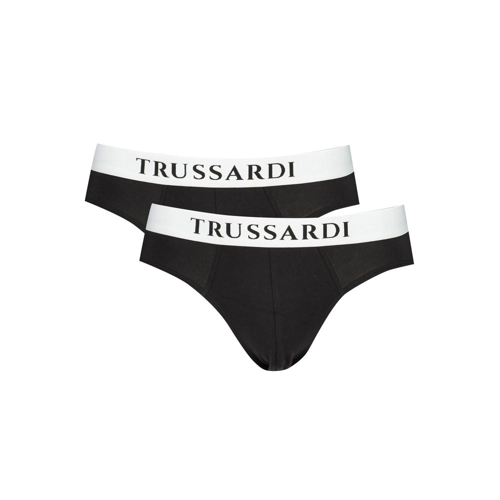 Trussardi Black Cotton Underwear bi-pack with elastic waistband and logo print, basic slip style.