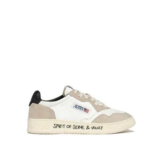 Autry White Goatskin Low Top Sneakers with embroidered logo, lace-up, suede detail, and rubber sole. Designed for men.