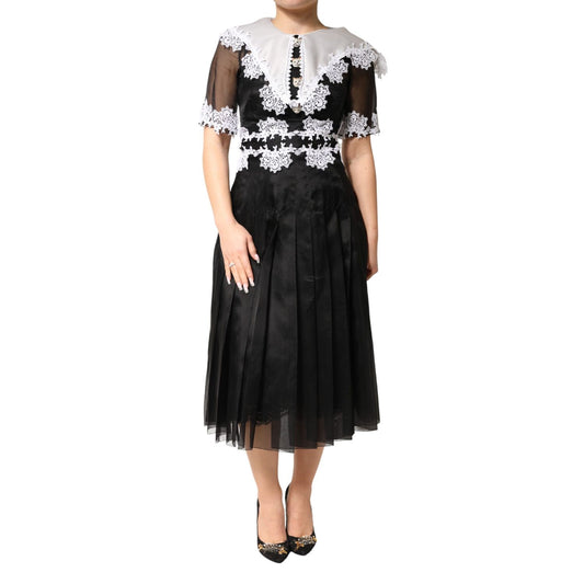 Dolce & Gabbana Black White Silk Macrame Lace Midi Dress