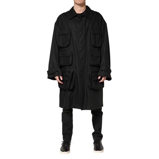 Dolce & Gabbana Black Pockets Collared Trench Coat Jacket