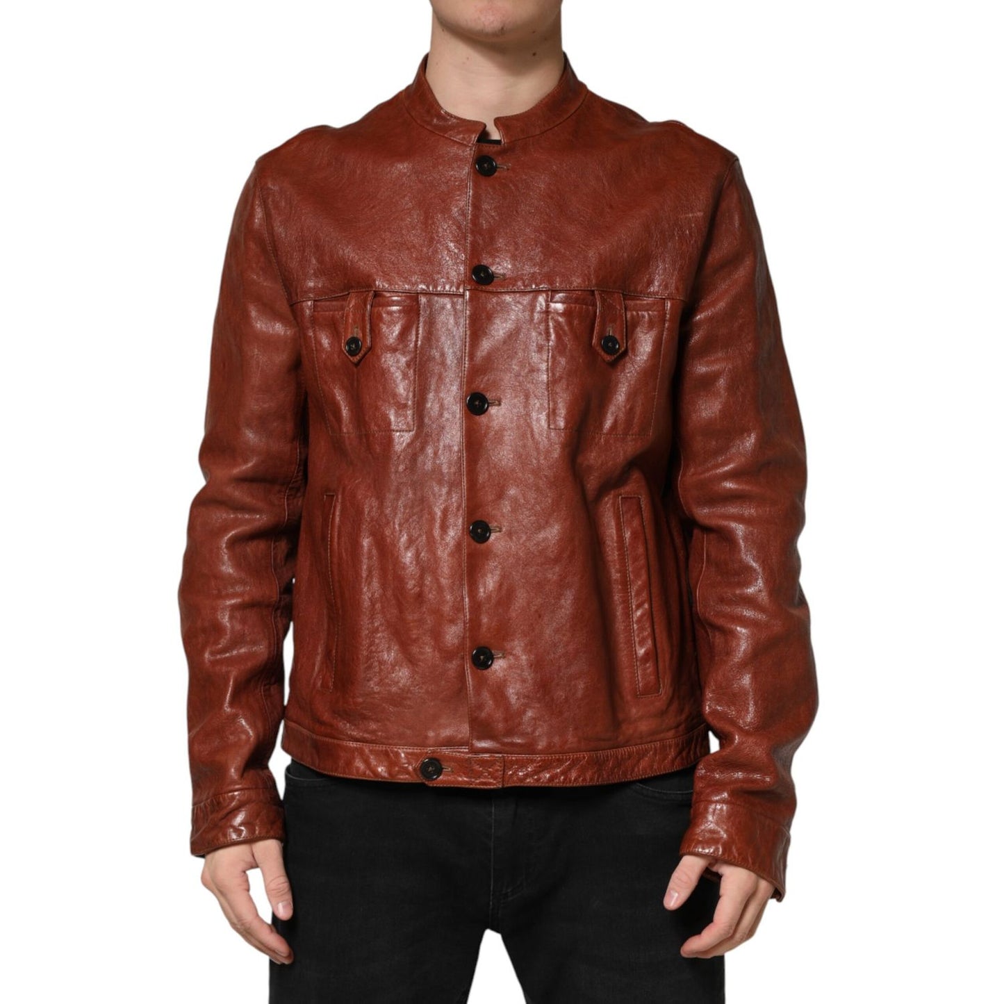 Dolce & Gabbana Brown Leather Button Down Men Biker Jacket