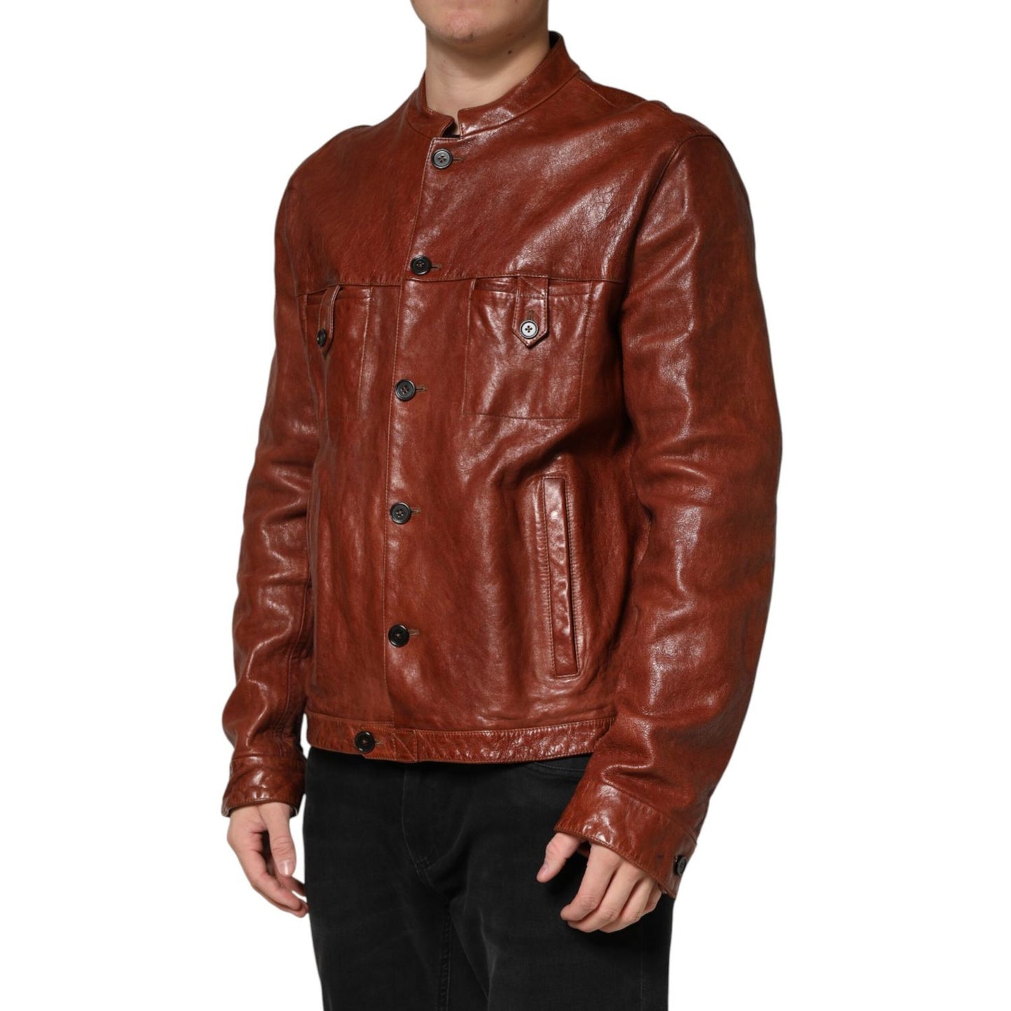 Dolce & Gabbana Brown Leather Button Down Men Biker Jacket
