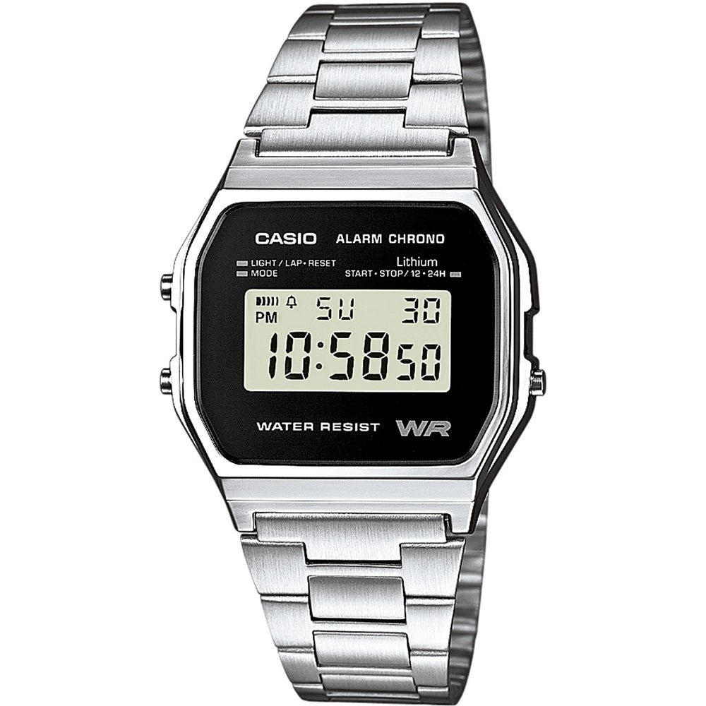 CASIO VINTAGE Mod. ICONIC - BLACK unisex wristwatch with metal strap, resin case, quartz movement, multifunction features, and 3 ATM water resistance.