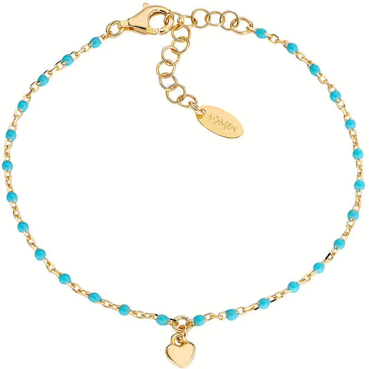 AMEN JEWELRY Mod. BRSMCUGT3 gold bracelet with blue beads and heart charm