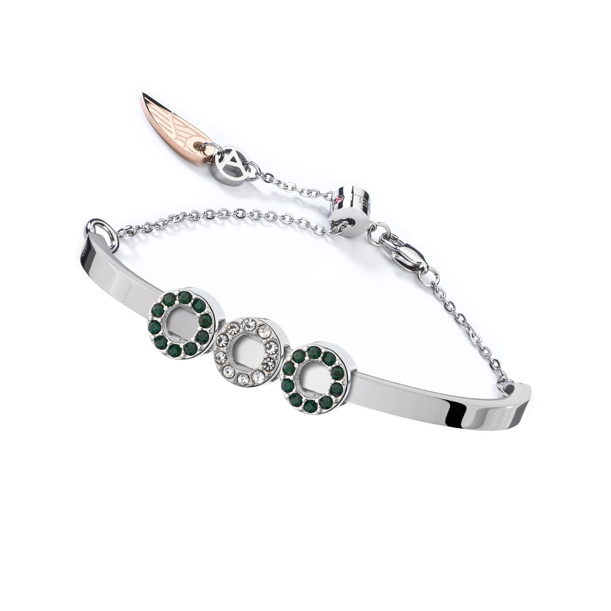 AN JEWELS JEWELRY Mod. ANPULSEIRALI17 silver bracelet with circular green accents on a white background.