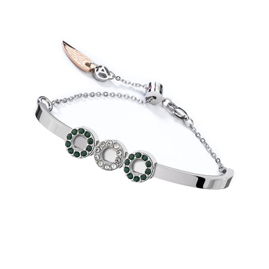 AN JEWELS JEWELRY Mod. ANPULSEIRALI17 silver bracelet with circular green accents on a white background.