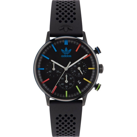 Adidas Black Synthetic Sport Watch with quartz mechanism, analog display, stainless steel case, silicone band, and stopwatch feature.