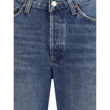 Close-up of Agolde Blue Cotton Straight-Leg Jeans with V-front, button closure, and five-pocket style for versatile, comfortable wear.