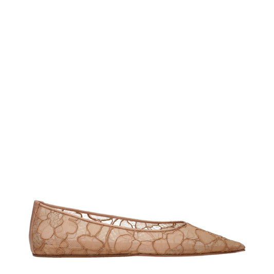 Amina Muaddi Beige Fabric Ballet Flats with unique embellishments, side view showcasing lace pattern and sleek design