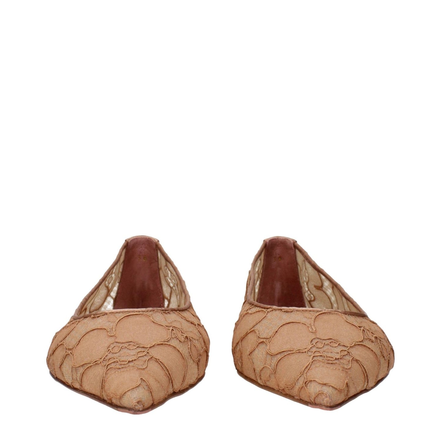 Amina Muaddi Beige Fabric Ballet Flats with lace embellishments, front view of elegant and stylish women's footwear with unique design.