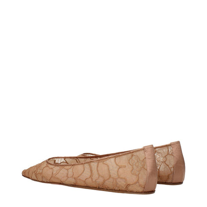 Amina Muaddi Beige Fabric Ballet Flats with lace embellishments and flat soles, side view.