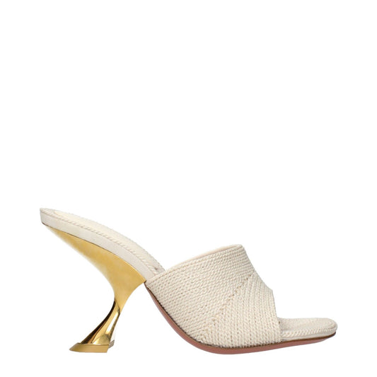 Amina Muaddi Beige Fabric Slippers with gold heel, side view