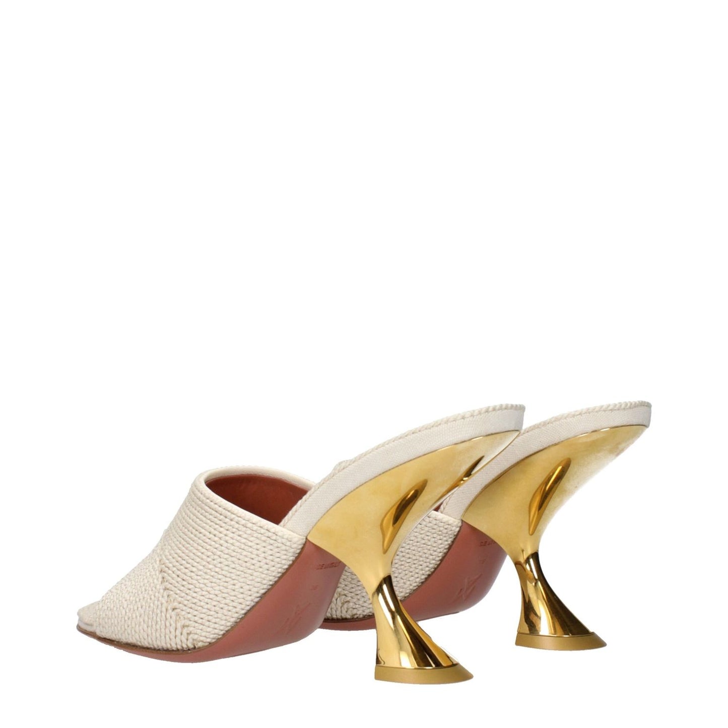 Amina Muaddi Beige Fabric Slippers with unique gold heel design, showcasing elegant style and craftsmanship. MPN: TAYLORWOVENSLIPPERWOVENBEIGE