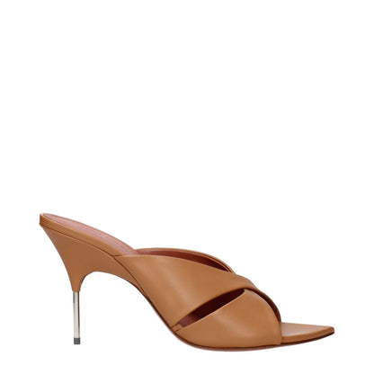 Amina Muaddi Brown Leather Stiletto Heel Sandals, MPN SAMANTHASLIPPER95NAPPALATTE, chic design with elegant metal heel