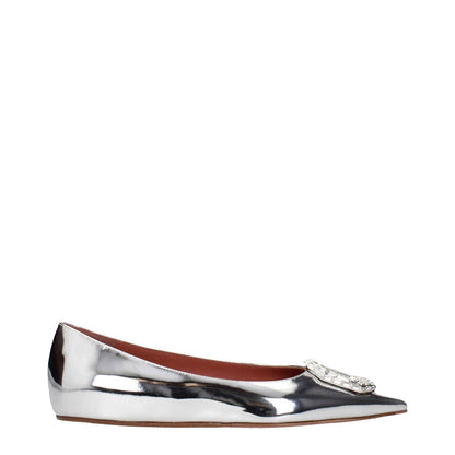 Amina Muaddi Gray Leather Ballet Flats with pointy toe and rhinestone detail, silver leather finish, low and flat heel.