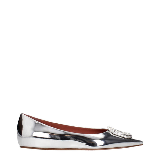 Amina Muaddi Gray Leather Ballet Flats with pointy toe and rhinestone detail, silver leather finish, low and flat heel.