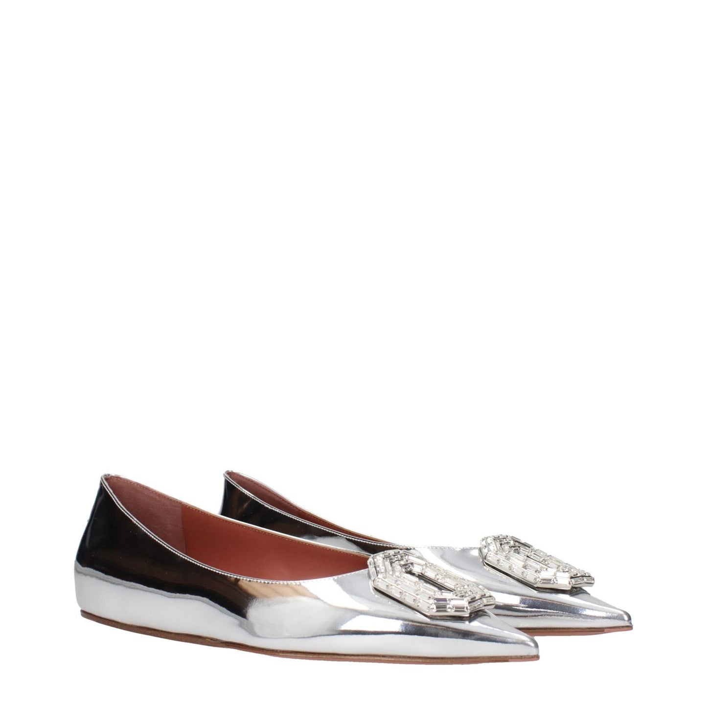 Amina Muaddi Gray Leather Ballet Flats with rhinestone front detail and pointy toe, elegant low flat silver design.