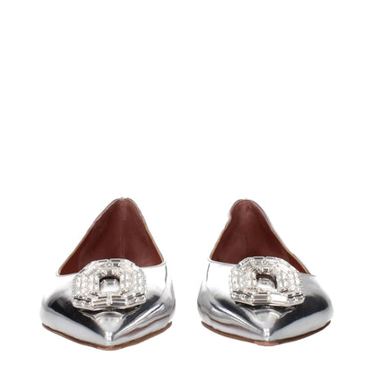 Amina Muaddi Gray Leather Ballet Flats with rhinestone front detail and pointy toe design, MPN CAMELIAFLATMIRRORSILVER.