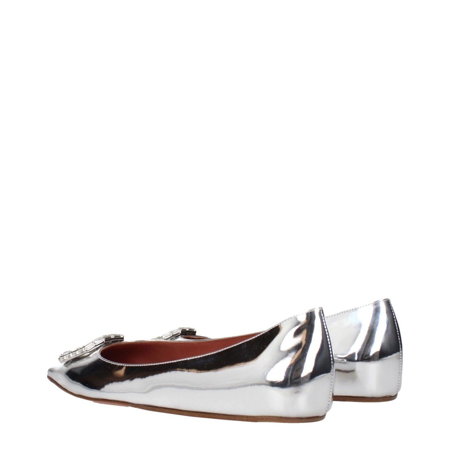 Amina Muaddi Gray Leather Ballet Flats with rhinestone and pointy toe, leather sole, low heel, MPN CAMELIAFLATMIRRORSILVER
