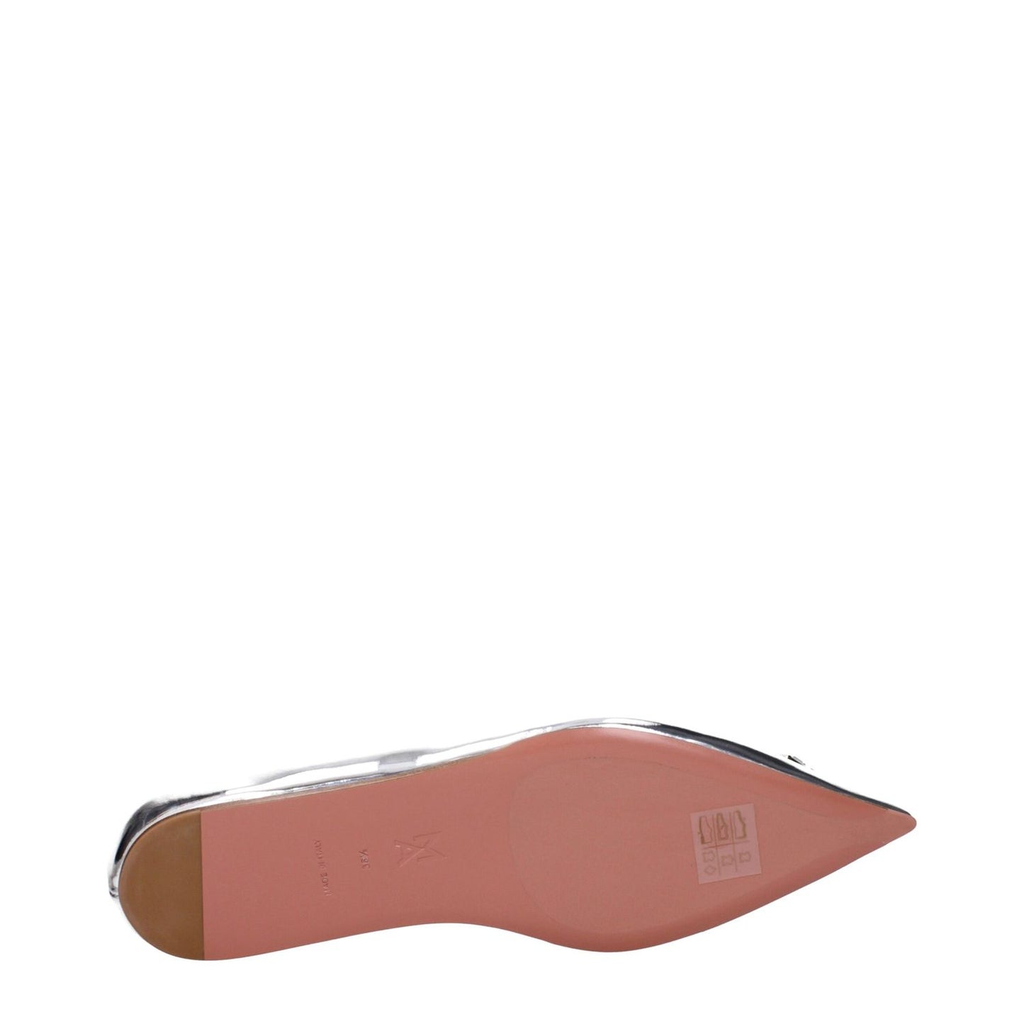 Amina Muaddi Gray Leather Ballet Flats with pointy toe and leather sole, featuring rhinestone front detail and low flat heel.