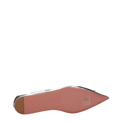 Amina Muaddi Gray Leather Ballet Flats with pointy toe and leather sole, featuring rhinestone front detail and low flat heel.