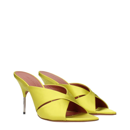Amina Muaddi Green Satin Stiletto Heel Sandals in lime with MPN SAMANTHASLIPPER95SATINLIME, featuring sleek crisscross design.