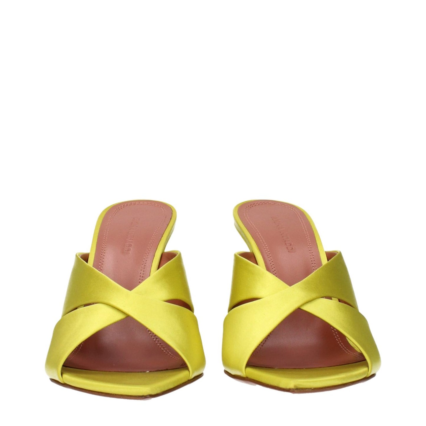 Amina Muaddi Green Satin Stiletto Heel Sandals, lime green satin finish, cross strap design, slip-on style footwear.