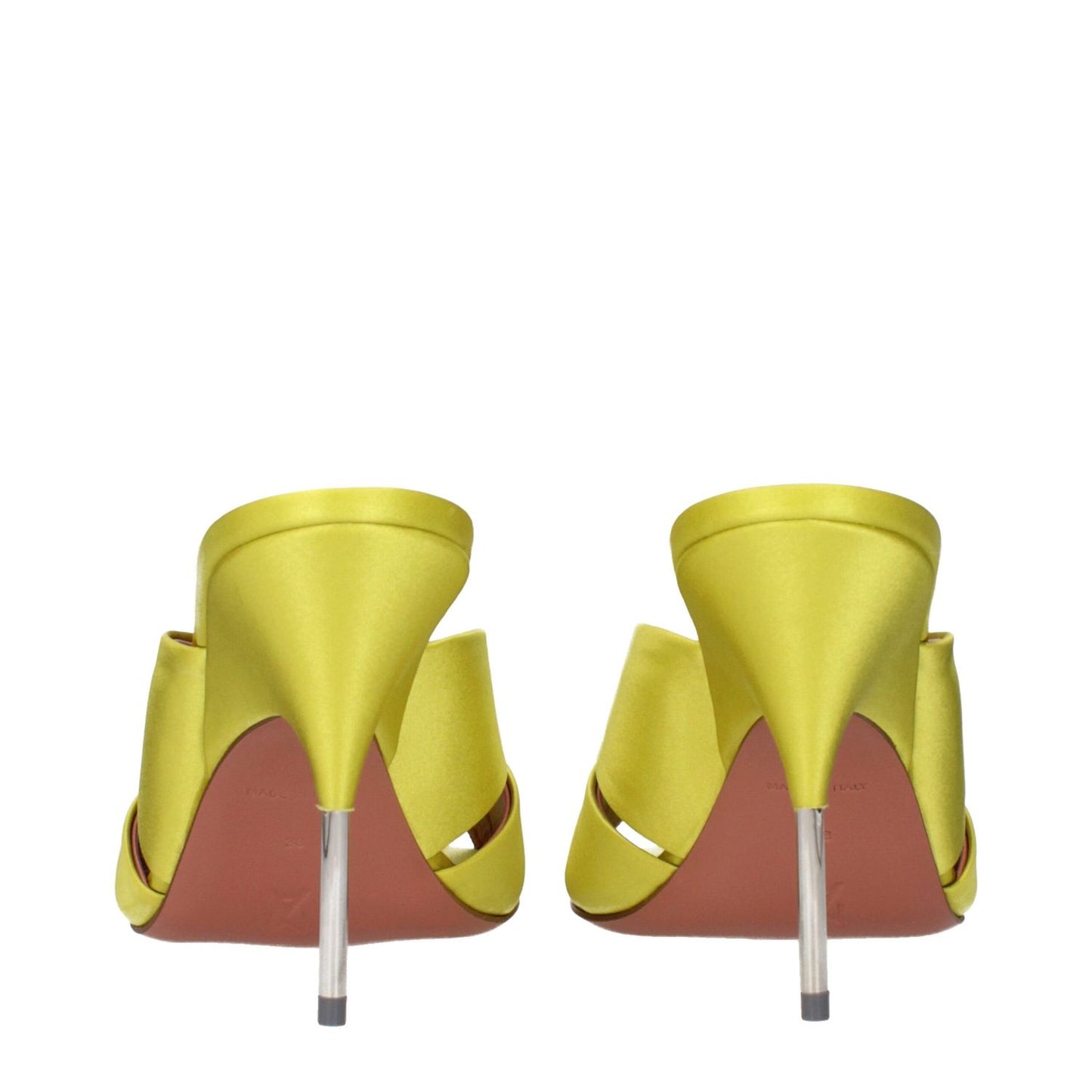 Amina Muaddi Green Satin Stiletto Heel Sandals, back view showcasing sleek satin design and stiletto heels.