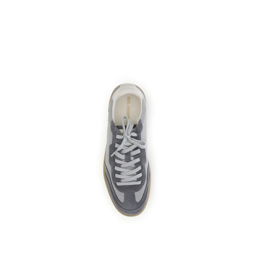Top view of Axel Arigato Gray Leather Low Top Sneakers with lace-up closure and flat sole, inspired by 1970s and 1990s sneaker styles.