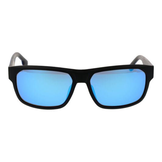 BMW Motorsport Black Men Sunglass with blue mirrored lenses, full-rim black plastic frame, 100% UVA & UVB protection, rectangle style.
