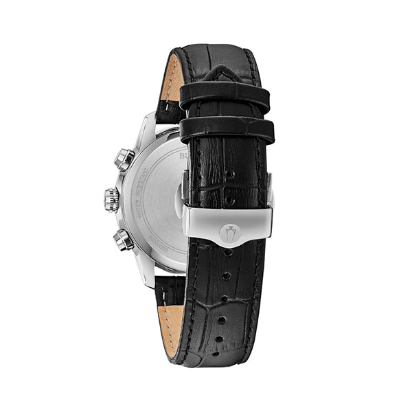 Back view of BULOVA WATCHES Mod. 96B310 showing black leather strap and stainless steel case.