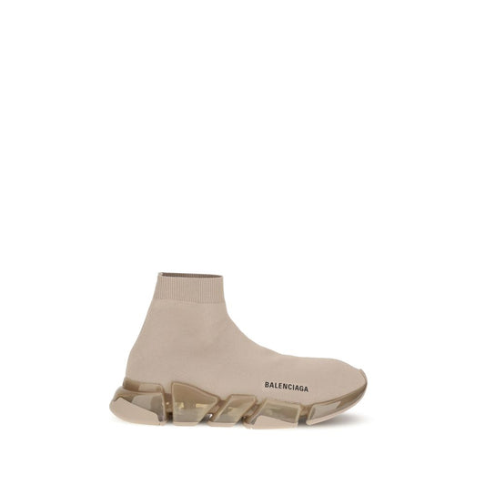 Side view of Balenciaga Beige Polyester Athletic Sneakers with sock-style fit and non-slip sole, showcasing modern design.