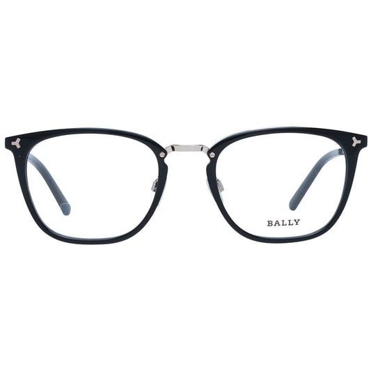Bally Black Men Glasses Frame with metal black full-rim trapezium design, demo lenses, and branded case included.