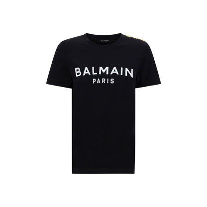 Balmain Black Cotton T-Shirt with iconic monogram and embossed buttons, featuring a ribbed crew neck for everyday comfort.