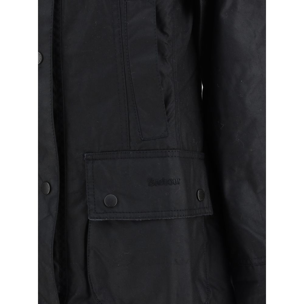 Barbour Black Cotton Coat with front zip, hidden press studs, ribbed collar, flap pockets, tartan lining, and monogram embroidery.