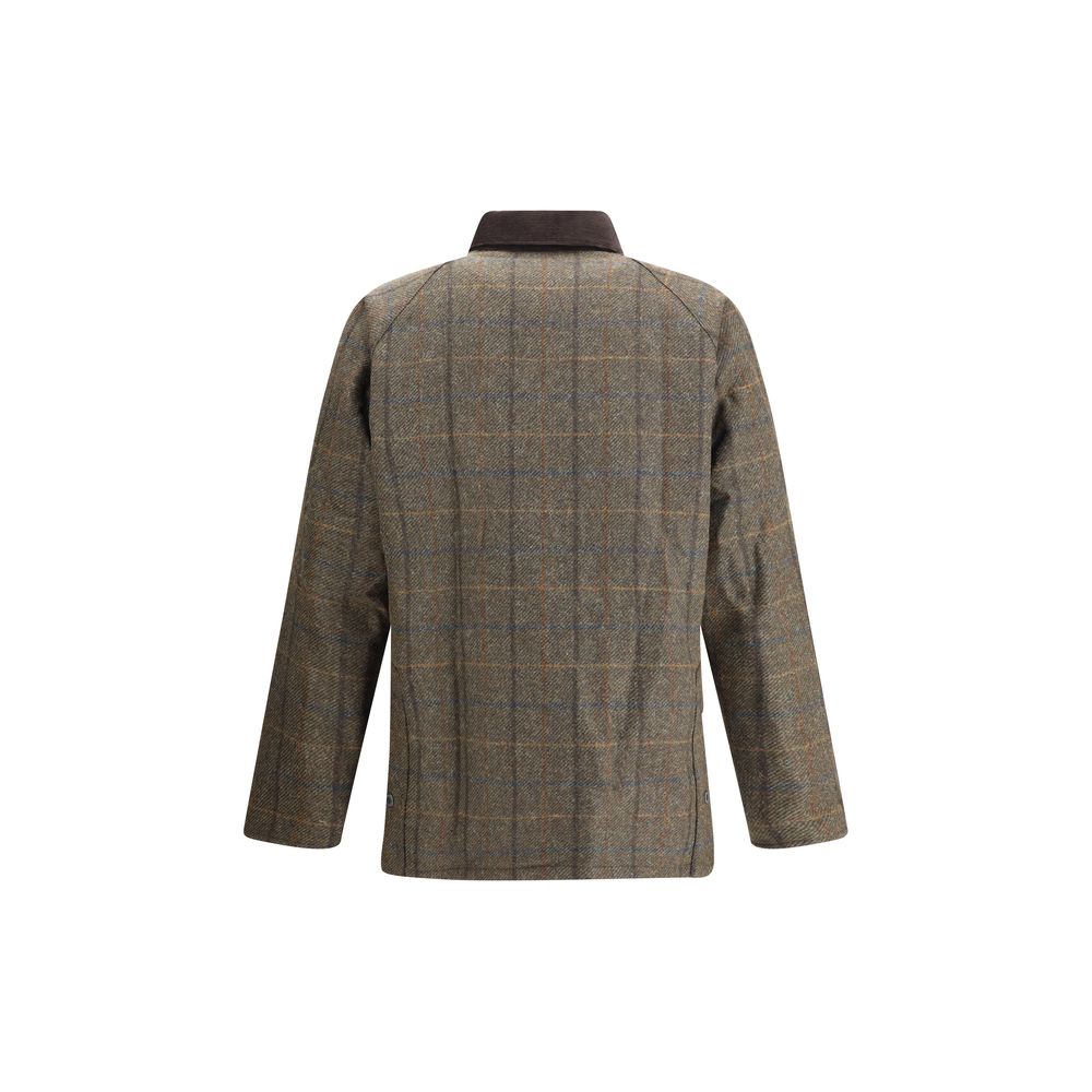 Back view of Barbour Green Wool Coat with check pattern and corduroy collar, showcasing timeless style and elegance for AW25 season.