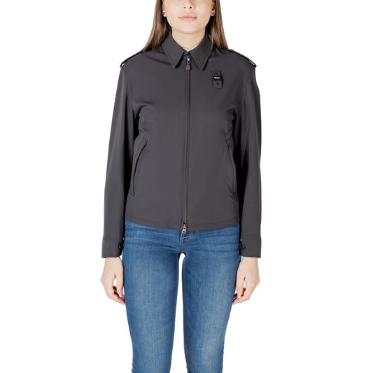 Woman wearing Blauer Black Polyamide Bomber jacket with stylish design and Blauer logo.
